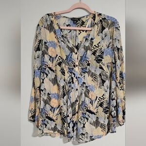 Lucky Brand Floral Button Front Blouse Blue Beige Black 1X